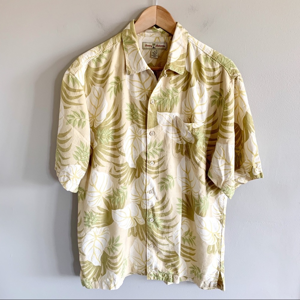 Tommy Bahama • cream and green tropical silk button up vintage
